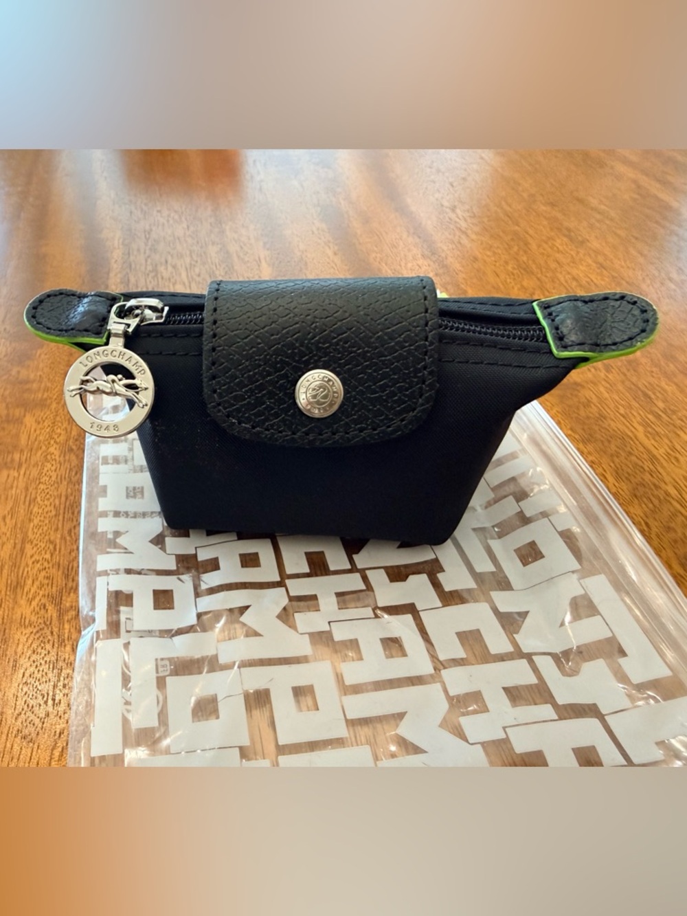 Longchamp Black and Green Coin Pouch with Leather Snap